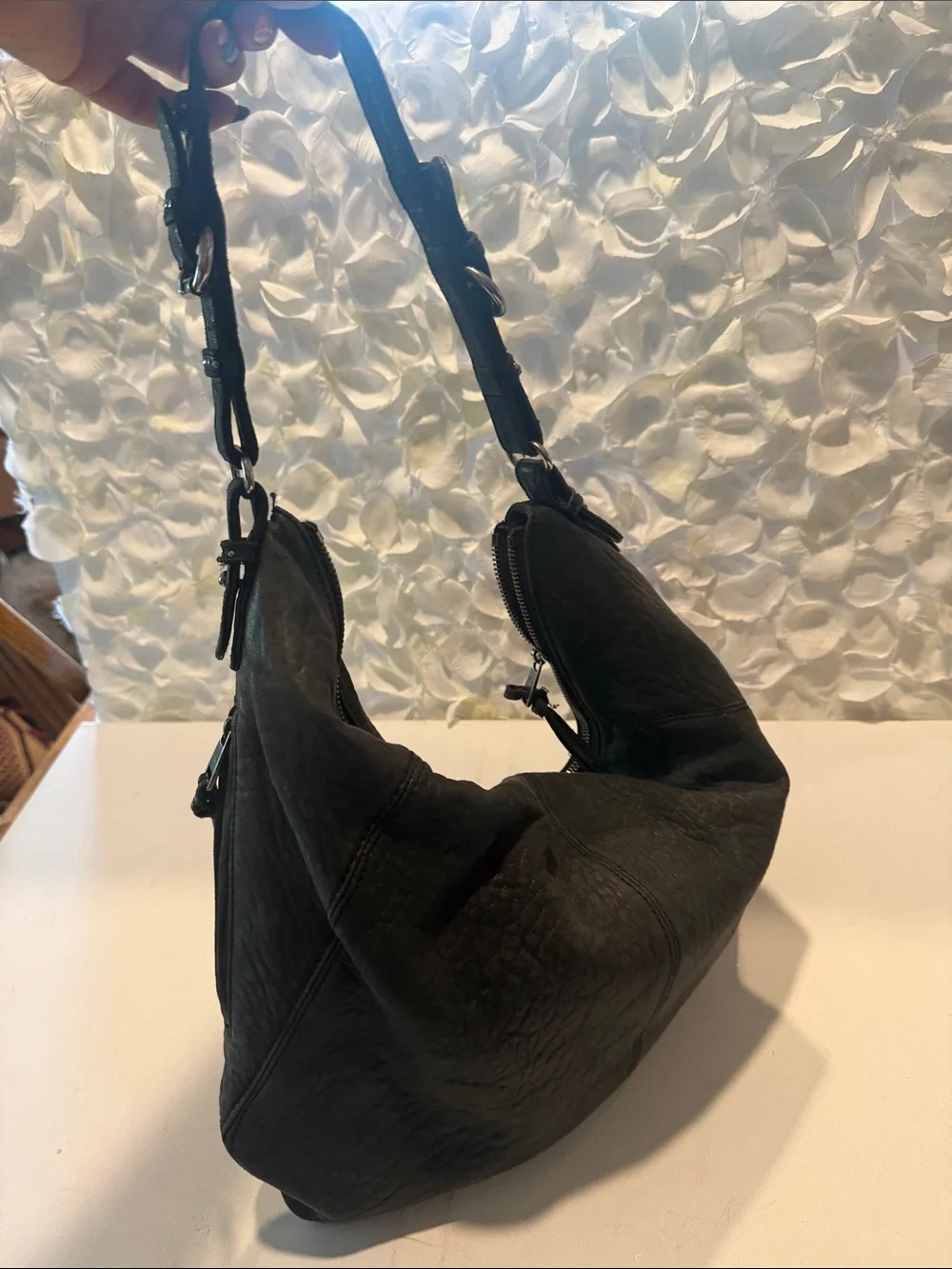 Textured Black Leather Hobo Shoulder Bag